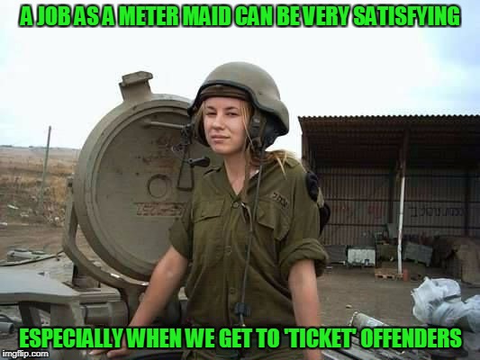 A JOB AS A METER MAID CAN BE VERY SATISFYING ESPECIALLY WHEN WE GET TO 'TICKET' OFFENDERS | made w/ Imgflip meme maker