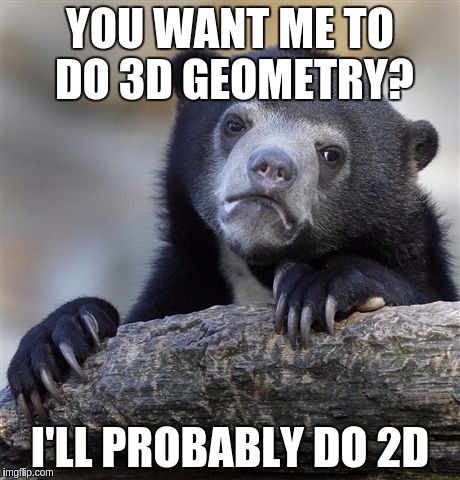 Confession bear tries geometry | YOU WANT ME TO DO 3D GEOMETRY? I'LL PROBABLY DO 2D | image tagged in memes,confession bear | made w/ Imgflip meme maker