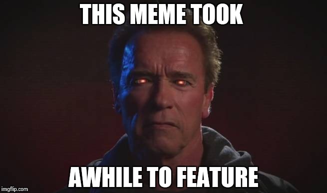 THIS MEME TOOK AWHILE TO FEATURE | image tagged in terminator fire eyes | made w/ Imgflip meme maker