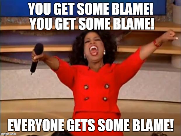 Oprah You Get A Meme | YOU GET SOME BLAME! YOU GET SOME BLAME! EVERYONE GETS SOME BLAME! | image tagged in memes,oprah you get a | made w/ Imgflip meme maker