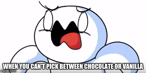  WHEN YOU CAN'T PICK BETWEEN CHOCOLATE OR VANILLA | image tagged in when you forget | made w/ Imgflip meme maker