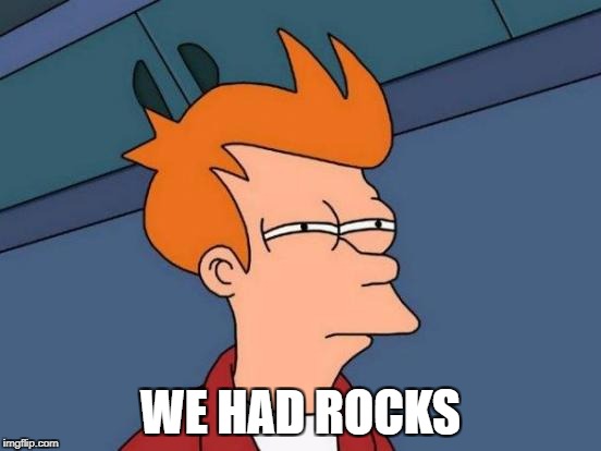 Futurama Fry Meme | WE HAD ROCKS | image tagged in memes,futurama fry | made w/ Imgflip meme maker