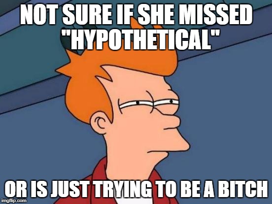 Futurama Fry Meme | NOT SURE IF SHE MISSED  "HYPOTHETICAL"; OR IS JUST TRYING TO BE A BITCH | image tagged in memes,futurama fry | made w/ Imgflip meme maker