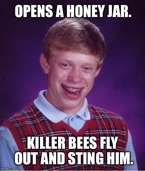 Sting like a bee | OPENS A HONEY JAR. KILLER BEES FLY OUT AND STING HIM. | image tagged in memes,bad luck brian,honey,winnie the pooh,killer bees,animal attack | made w/ Imgflip meme maker