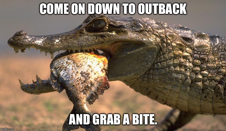 COME ON DOWN TO OUTBACK AND GRAB A BITE. | image tagged in crocodile eats piranha | made w/ Imgflip meme maker
