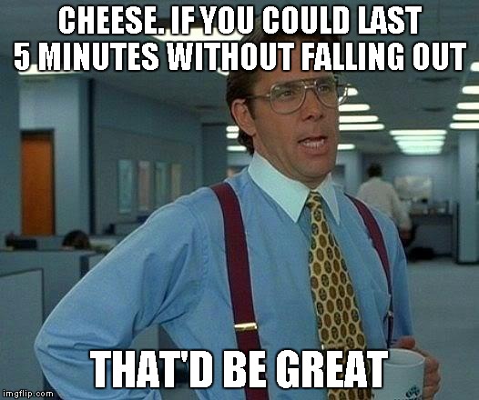 Like Lucifer or unlike Swiss cheese. it wasn't holey enough to stay in. | CHEESE. IF YOU COULD LAST 5 MINUTES WITHOUT FALLING OUT; THAT'D BE GREAT | image tagged in memes,that would be great | made w/ Imgflip meme maker