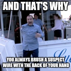 AND THAT'S WHY; YOU ALWAYS BRUSH A SUSPECT WIRE WITH THE BACK OF YOUR HAND | made w/ Imgflip meme maker