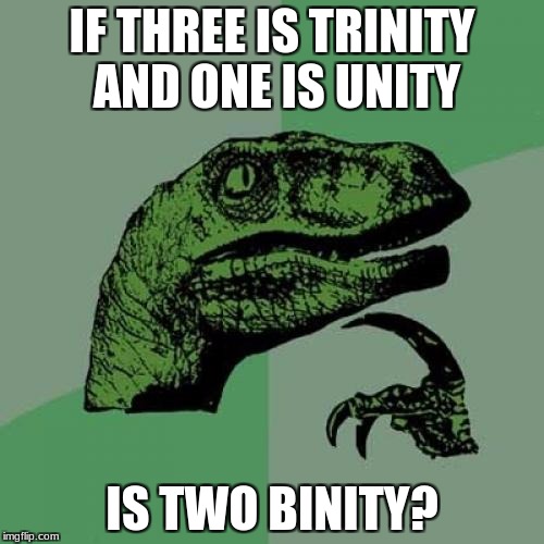 Philosoraptor Meme | IF THREE IS TRINITY AND ONE IS UNITY; IS TWO BINITY? | image tagged in memes,philosoraptor | made w/ Imgflip meme maker