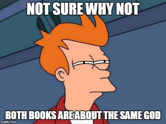 Futurama Fry Meme | NOT SURE WHY NOT BOTH BOOKS ARE ABOUT THE SAME GOD | image tagged in memes,futurama fry | made w/ Imgflip meme maker