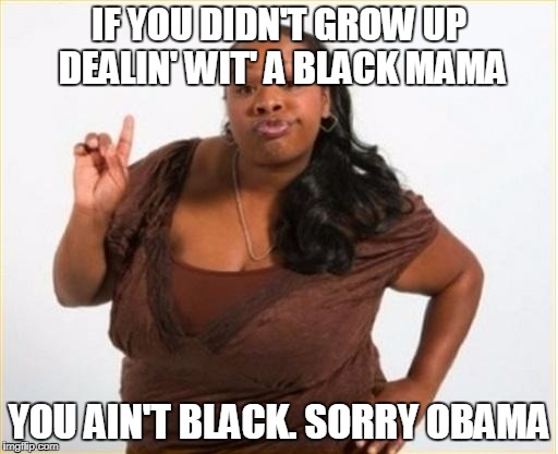 angry black women | IF YOU DIDN'T GROW UP DEALIN' WIT' A BLACK MAMA; YOU AIN'T BLACK. SORRY OBAMA | image tagged in angry black women | made w/ Imgflip meme maker