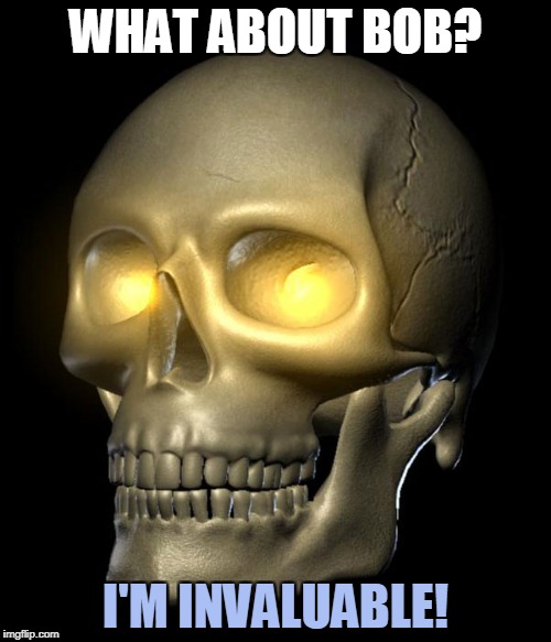 Bob the Skull speaks | WHAT ABOUT BOB? I'M INVALUABLE! | image tagged in dresden files,bob the skull,what about bob | made w/ Imgflip meme maker