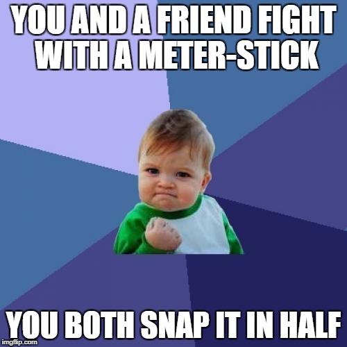 Success Kid | YOU AND A FRIEND FIGHT WITH A METER-STICK; YOU BOTH SNAP IT IN HALF | image tagged in memes,success kid | made w/ Imgflip meme maker