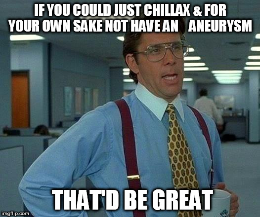 That Would Be Great Meme | IF YOU COULD JUST CHILLAX & FOR YOUR OWN SAKE NOT HAVE AN    ANEURYSM THAT'D BE GREAT | image tagged in memes,that would be great | made w/ Imgflip meme maker