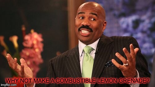 Steve Harvey Meme | WHY NOT MAKE A COMBUSTIBLE LEMON GRENADE? | image tagged in memes,steve harvey | made w/ Imgflip meme maker