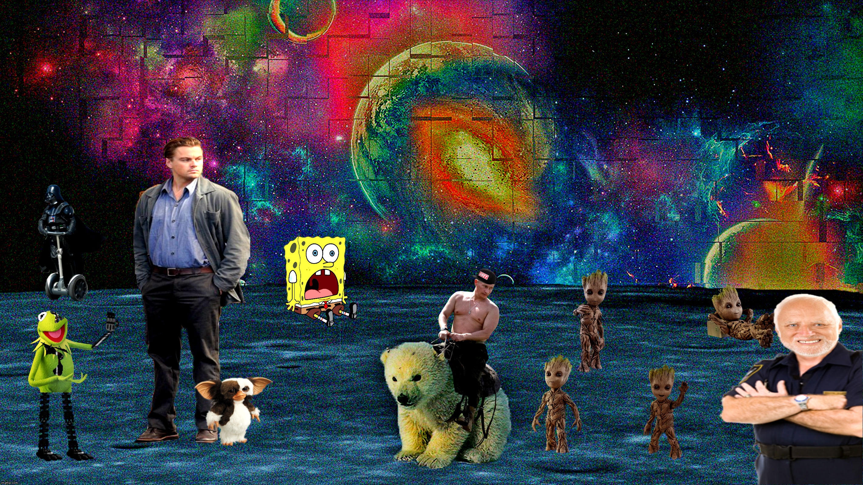 It took a planet of baby Groot's to make Leo stop strutting for a minute! Another Jying Wallpaper for those few who love them ;) |  SOMETHING FINALLY MADE LEO STOP STRUTTING | image tagged in wallpapers,leo dicaprio,strut,stop,wtf,memestrocity | made w/ Imgflip meme maker