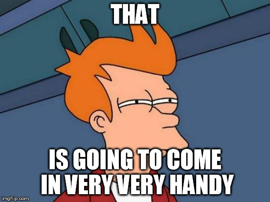 THAT IS GOING TO COME IN VERY VERY HANDY | image tagged in memes,futurama fry | made w/ Imgflip meme maker