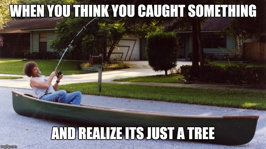 Bob Ross Canoe | WHEN YOU THINK YOU CAUGHT SOMETHING; AND REALIZE ITS JUST A TREE | image tagged in bob ross canoe | made w/ Imgflip meme maker