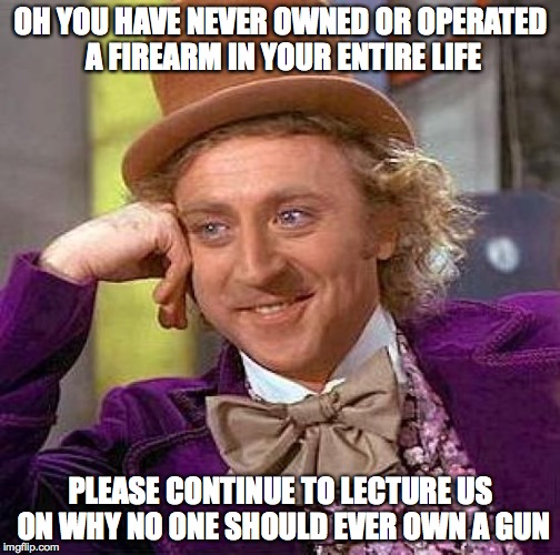 Creepy Condescending Wonka Meme | OH YOU HAVE NEVER OWNED OR OPERATED A FIREARM IN YOUR ENTIRE LIFE; PLEASE CONTINUE TO LECTURE US ON WHY NO ONE SHOULD EVER OWN A GUN | image tagged in memes,creepy condescending wonka | made w/ Imgflip meme maker