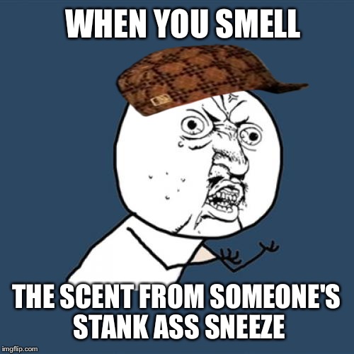 Y U No Meme | WHEN YOU SMELL; THE SCENT FROM SOMEONE'S STANK ASS SNEEZE | image tagged in memes,y u no,scumbag | made w/ Imgflip meme maker