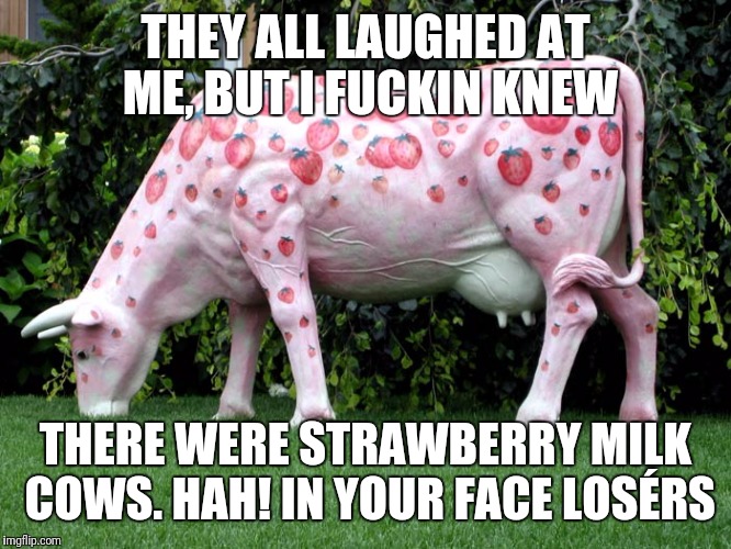 THEY ALL LAUGHED AT ME, BUT I F**KIN KNEW THERE WERE STRAWBERRY MILK COWS. HAH! IN YOUR FACE LOSÉRS | made w/ Imgflip meme maker