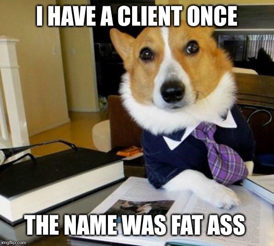 Lawyer Corgi Dog | I HAVE A CLIENT ONCE; THE NAME WAS FAT ASS | image tagged in lawyer corgi dog | made w/ Imgflip meme maker