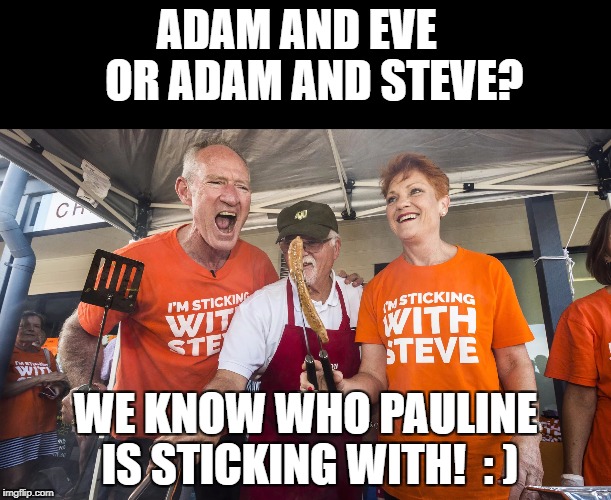We know who Pauline is sticking with | ADAM AND EVE    OR ADAM AND STEVE? WE KNOW WHO PAULINE IS STICKING WITH!  : ) | image tagged in pauline hanson | made w/ Imgflip meme maker