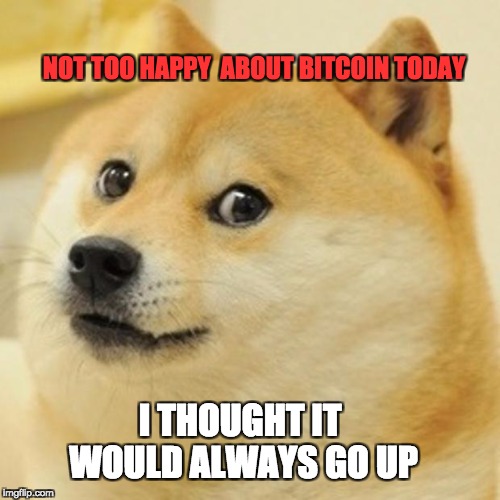 Doge | NOT TOO HAPPY  ABOUT BITCOIN TODAY; I THOUGHT IT WOULD ALWAYS GO UP | image tagged in memes,doge | made w/ Imgflip meme maker