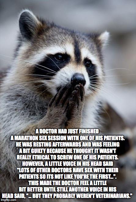 Surprise | A DOCTOR HAD JUST FINISHED A MARATHON SEX SESSION WITH ONE OF HIS PATIENTS. HE WAS RESTING AFTERWARDS AND WAS FEELING A BIT GUILTY BECAUSE HE THOUGHT IT WASN'T REALLY ETHICAL TO SCREW ONE OF HIS PATIENTS. HOWEVER, A LITTLE VOICE IN HIS HEAD SAID "LOTS OF OTHER DOCTORS HAVE SEX WITH THEIR PATIENTS SO ITS NOT LIKE YOU'RE THE FIRST...". THIS MADE THE DOCTOR FEEL A LITTLE BIT BETTER UNTIL STILL ANOTHER VOICE IN HIS HEAD SAID, "... BUT THEY PROBABLY WEREN'T VETERINARIANS." | image tagged in surprised raccoon,memes,veterinarian,sick humor | made w/ Imgflip meme maker