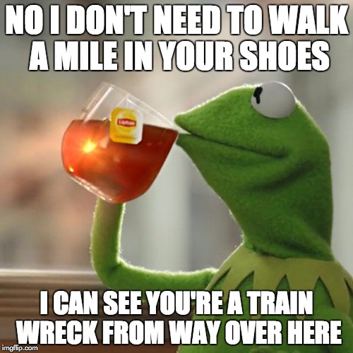 Sometimes, you just need to butt out of other people's business | NO I DON'T NEED TO WALK A MILE IN YOUR SHOES; I CAN SEE YOU'RE A TRAIN WRECK FROM WAY OVER HERE | image tagged in memes,but thats none of my business,kermit the frog,sarcasm | made w/ Imgflip meme maker