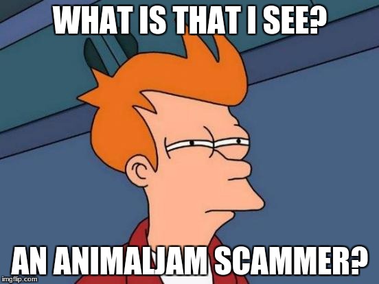 Futurama Fry | WHAT IS THAT I SEE? AN ANIMALJAM SCAMMER? | image tagged in memes,futurama fry | made w/ Imgflip meme maker