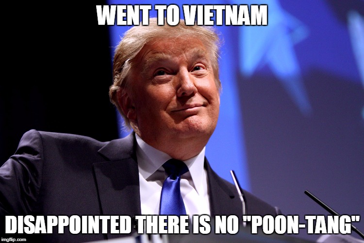 Donald Trump No2 | WENT TO VIETNAM; DISAPPOINTED THERE IS NO "POON-TANG" | image tagged in donald trump no2 | made w/ Imgflip meme maker