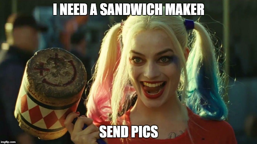 Harley Quinn hammer | I NEED A SANDWICH MAKER; SEND PICS | image tagged in harley quinn hammer | made w/ Imgflip meme maker