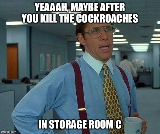 That Would Be Great Meme | YEAAAH, MAYBE AFTER YOU KILL THE COCKROACHES IN STORAGE ROOM C | image tagged in memes,that would be great | made w/ Imgflip meme maker