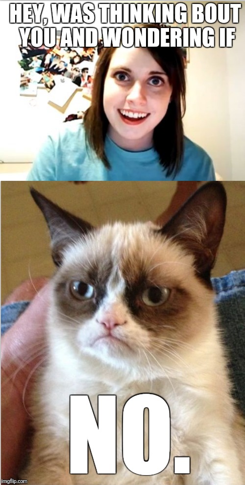 Absolutely not. | HEY, WAS THINKING BOUT YOU AND WONDERING IF; NO. | image tagged in grumpy cat,overly attached girlfriend,memes | made w/ Imgflip meme maker