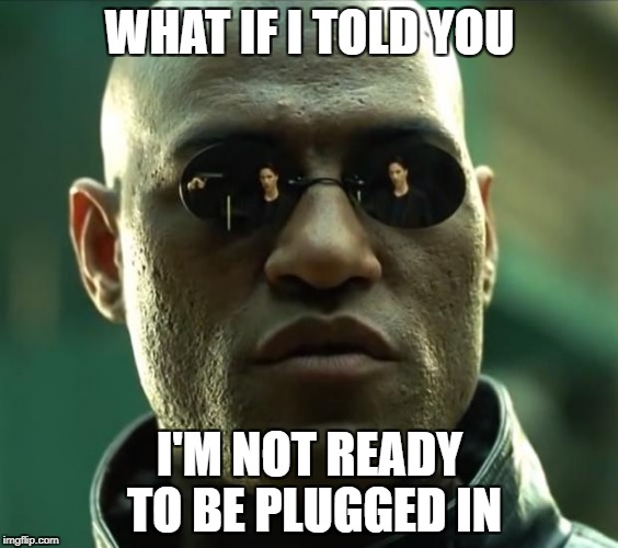 Morpheus  | WHAT IF I TOLD YOU; I'M NOT READY TO BE PLUGGED IN | image tagged in morpheus | made w/ Imgflip meme maker