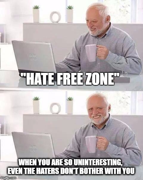 "Hate Free Zone" | "HATE FREE ZONE"; WHEN YOU ARE SO UNINTERESTING, EVEN THE HATERS DON'T BOTHER WITH YOU | image tagged in memes,hide the pain harold,haters,boring | made w/ Imgflip meme maker