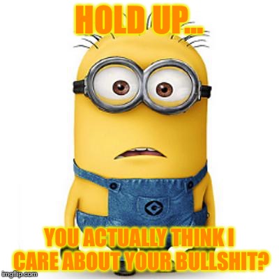 Minions | HOLD UP... YOU ACTUALLY THINK I CARE ABOUT YOUR BULLSHIT? | image tagged in minions | made w/ Imgflip meme maker