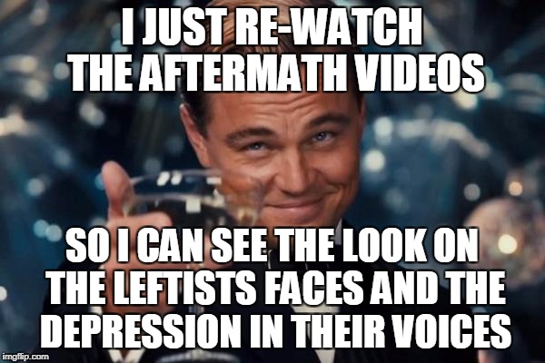 Leonardo Dicaprio Cheers Meme | I JUST RE-WATCH THE AFTERMATH VIDEOS SO I CAN SEE THE LOOK ON THE LEFTISTS FACES AND THE DEPRESSION IN THEIR VOICES | image tagged in memes,leonardo dicaprio cheers | made w/ Imgflip meme maker