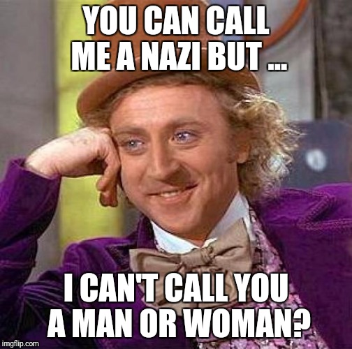 Creepy Condescending Wonka | YOU CAN CALL ME A NAZI BUT ... I CAN'T CALL YOU A MAN OR WOMAN? | image tagged in memes,creepy condescending wonka | made w/ Imgflip meme maker
