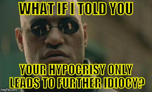 Matrix Morpheus Meme | WHAT IF I TOLD YOU; YOUR HYPOCRISY ONLY LEADS TO FURTHER IDIOCY? | image tagged in memes,matrix morpheus | made w/ Imgflip meme maker
