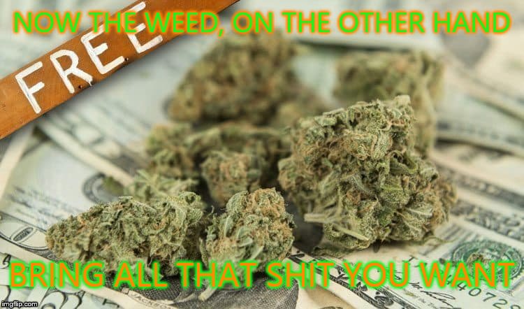 Now the weed | NOW THE WEED, ON THE OTHER HAND; BRING ALL THAT SHIT YOU WANT | image tagged in weed,pot,marijuana | made w/ Imgflip meme maker