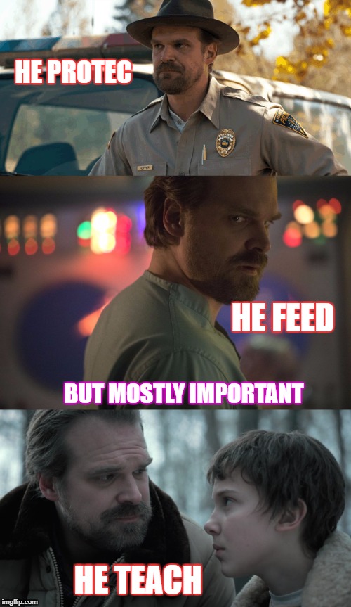 HE PROTEC; HE FEED; BUT MOSTLY IMPORTANT; HE TEACH | image tagged in stranger things,hoppper | made w/ Imgflip meme maker