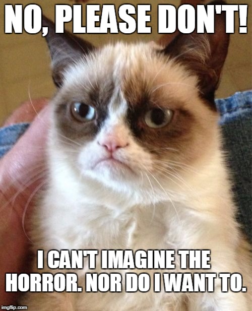 Grumpy Cat Meme | NO, PLEASE DON'T! I CAN'T IMAGINE THE HORROR. NOR DO I WANT TO. | image tagged in memes,grumpy cat | made w/ Imgflip meme maker