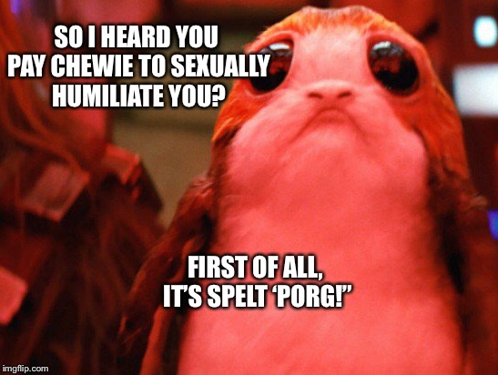 PORG | SO I HEARD YOU PAY CHEWIE TO SEXUALLY HUMILIATE YOU? FIRST OF ALL, IT’S SPELT ‘PORG!” | image tagged in porg | made w/ Imgflip meme maker