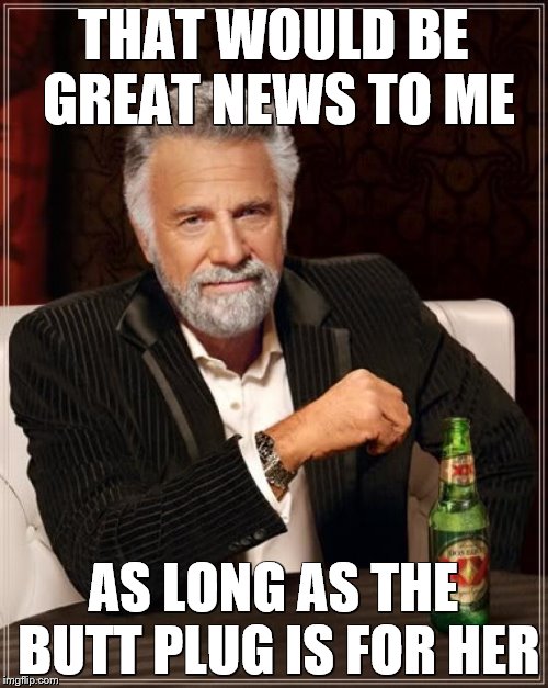 The Most Interesting Man In The World Meme | THAT WOULD BE GREAT NEWS TO ME AS LONG AS THE BUTT PLUG IS FOR HER | image tagged in memes,the most interesting man in the world | made w/ Imgflip meme maker