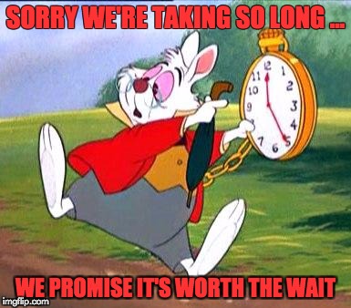White Rabbit "I'm late!" |  SORRY WE'RE TAKING SO LONG ... WE PROMISE IT'S WORTH THE WAIT | image tagged in white rabbit i'm late | made w/ Imgflip meme maker