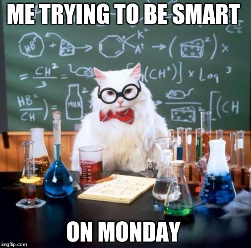 Chemistry Cat Meme | ME TRYING TO BE SMART; ON MONDAY | image tagged in memes,chemistry cat | made w/ Imgflip meme maker