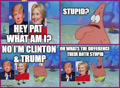 Clinton and Trump | STUPID? HEY PAT WHAT AM I? OH WHATS THE DIFFERENCE THEIR BOTH STUPID; NO I'M CLINTON & TRUMP | image tagged in texas spongebob | made w/ Imgflip meme maker