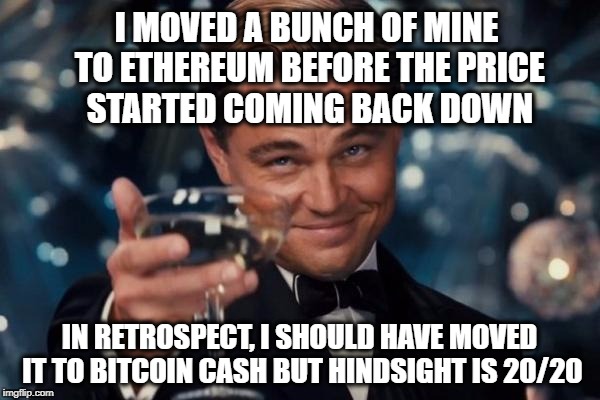 Leonardo Dicaprio Cheers Meme | I MOVED A BUNCH OF MINE TO ETHEREUM BEFORE THE PRICE STARTED COMING BACK DOWN IN RETROSPECT, I SHOULD HAVE MOVED IT TO BITCOIN CASH BUT HIND | image tagged in memes,leonardo dicaprio cheers | made w/ Imgflip meme maker