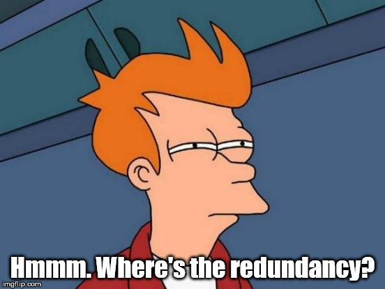 Futurama Fry Meme | Hmmm. Where's the redundancy? | image tagged in memes,futurama fry | made w/ Imgflip meme maker